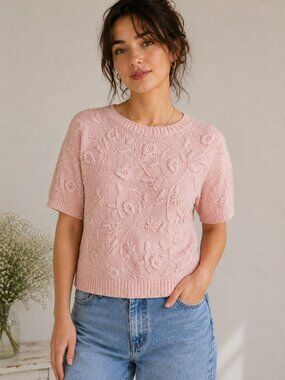 Vintage Cape Isle Knitters Sweater M Pink Hand Embroidered Cottagecore Grandma